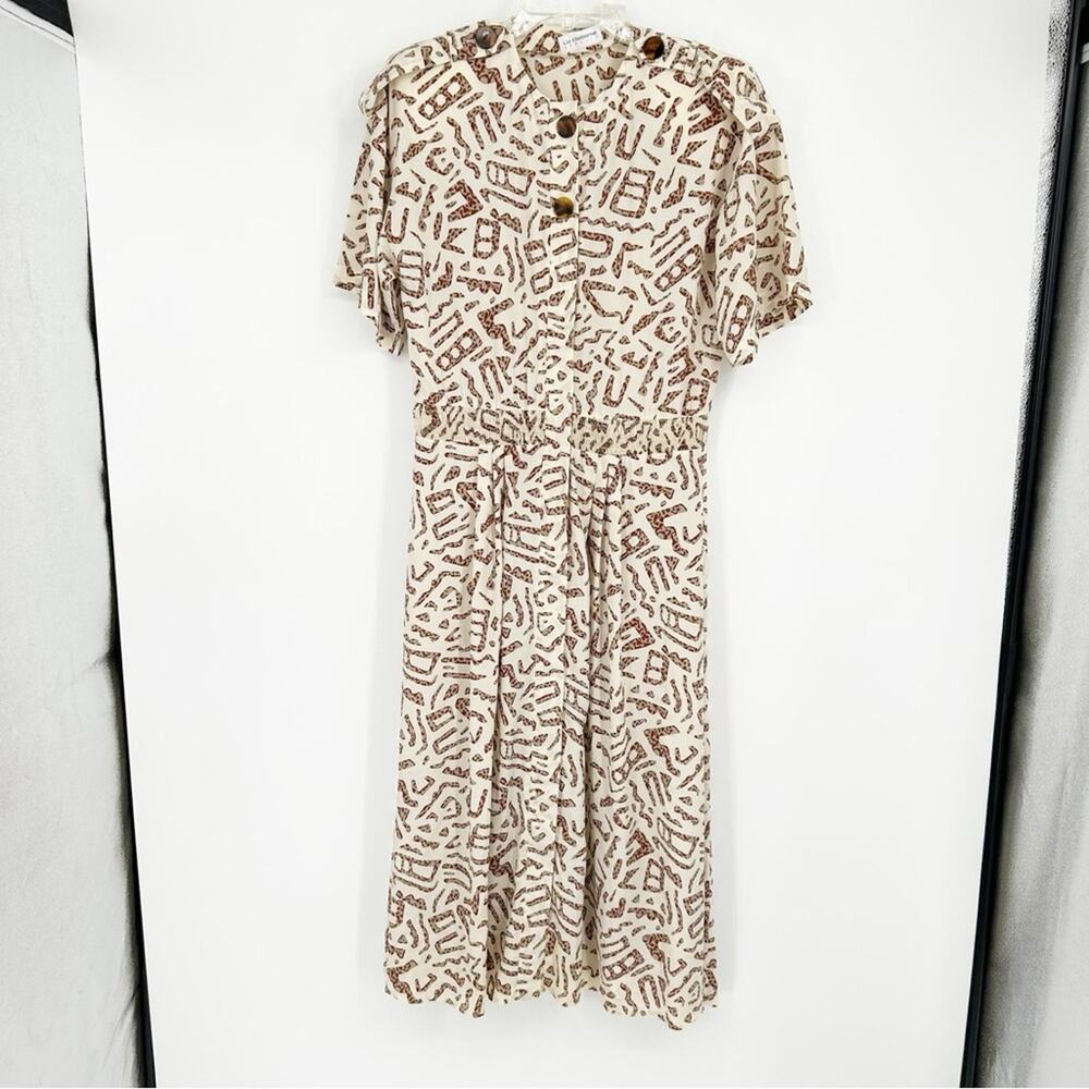 Vintage 90s Liz Claiborne Printed Beige Midi Button‎ Front Dress Pretty Woman 8